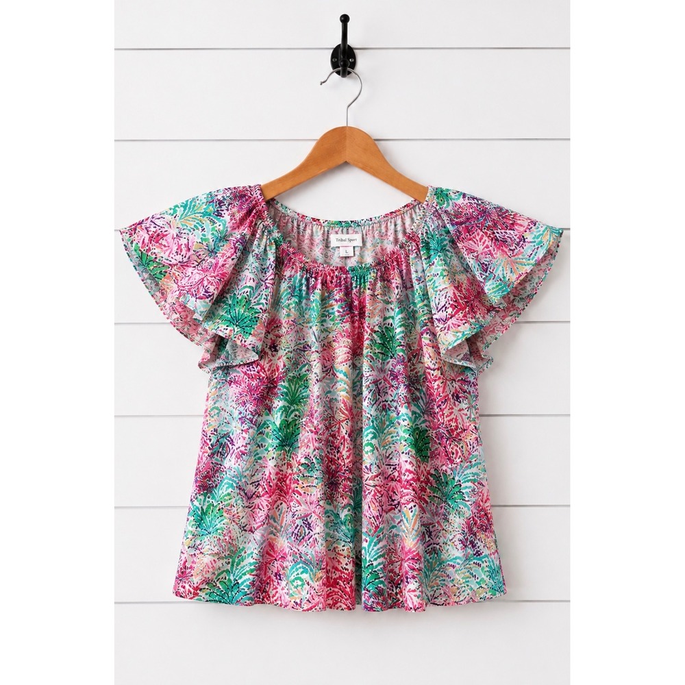 Stella Parker Collection Women L Tropical Palm Leaf Flutter Sleeve Cotton Top